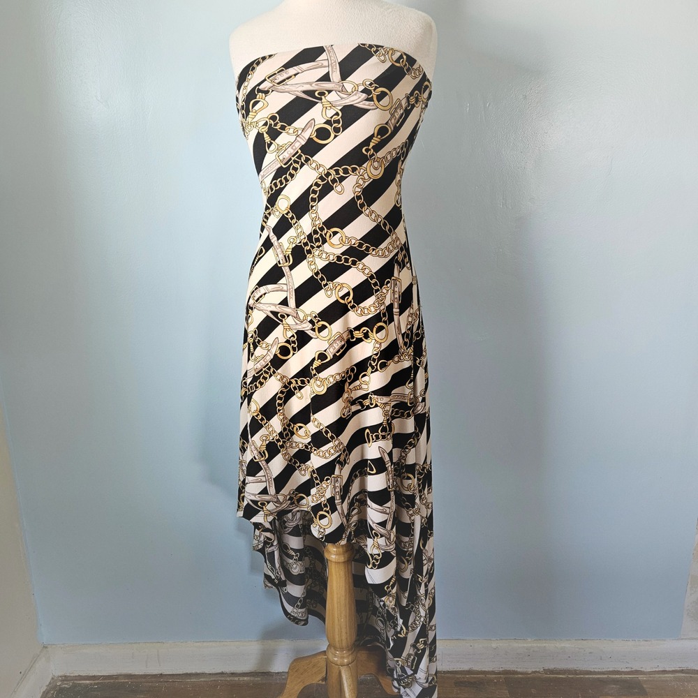 Va Va Voom Vtg Y2K‎ Strapless High Low Dress Black White Gold Chain Print Large